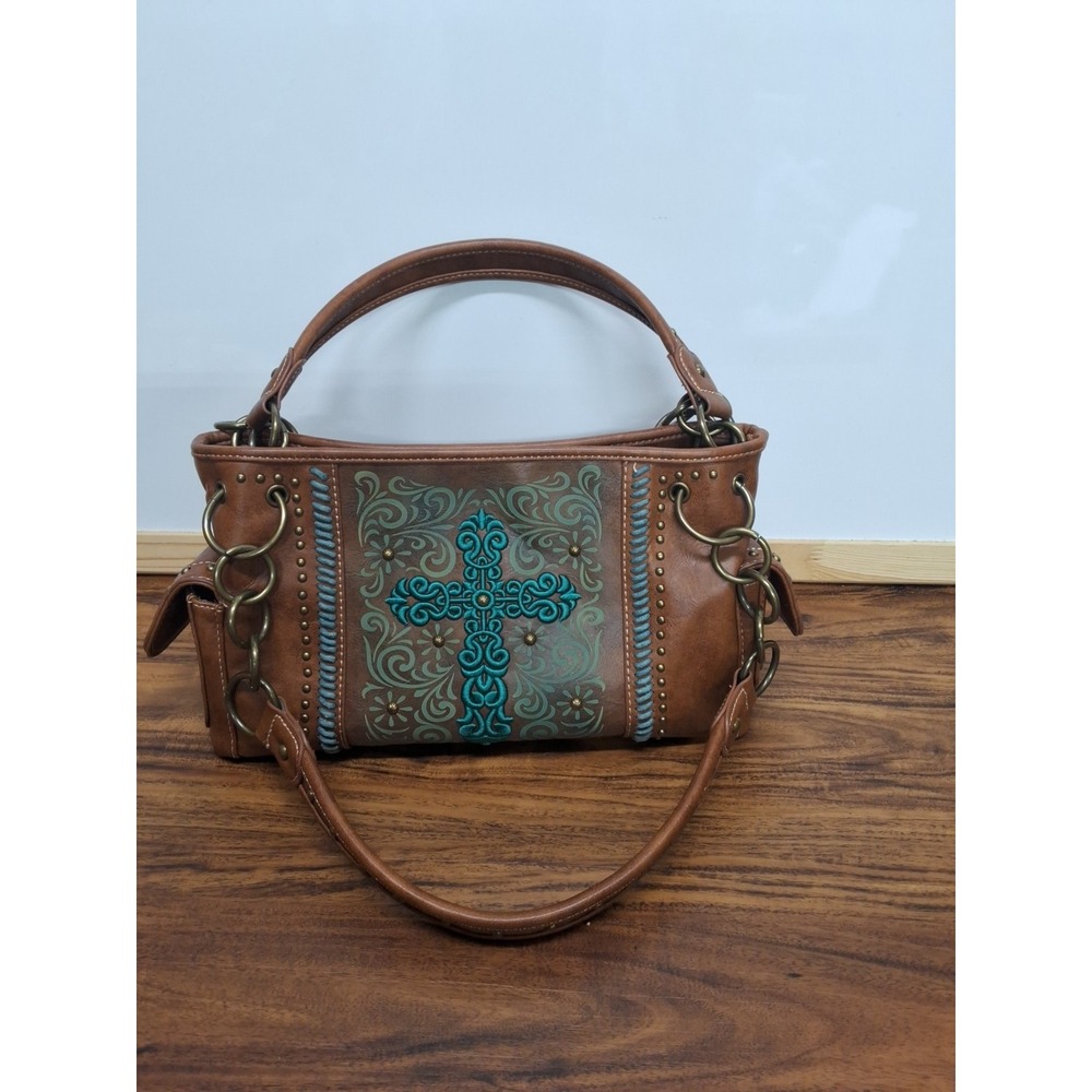 Montana West Womens Brown Cowgirl Bag Purse Cross Embroidered Rivet Western